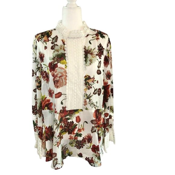 Suzanne Betro 2X Floral High Neck Lace Trim Peplum Top Red White LS NWT - Picture 1 of 11